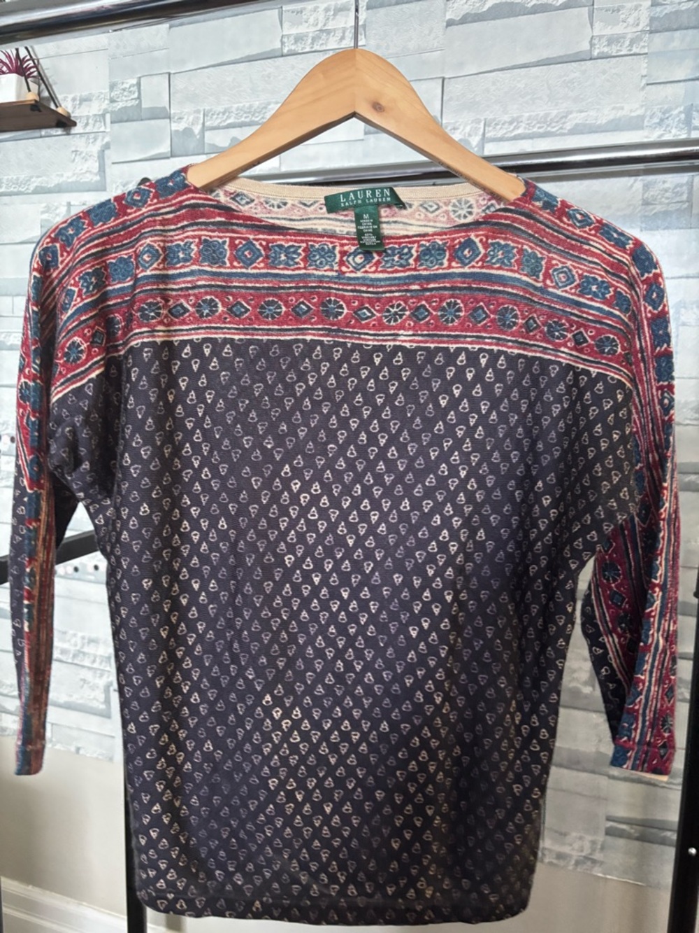 Ralph Lauren Navy Long-Sleeve Printed Yoke Top with Red and Teal Accents